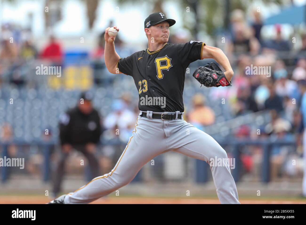 Pittsburgh Pirates starting pitcher Mitch Keller (23) delivers a pitch during a spring training baseball game against the Tampa Bay Rays, Sunday, March 8, 2020, in Port Charlotte, Florida, USA. (Photo by IOS/ESPA-Images) Stock Photo