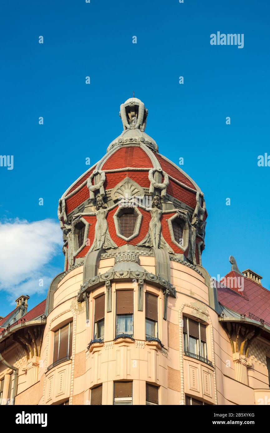 Cupola at Art Nouveau style building at Dugonics Square in Szeged, Southern Great Hungarian Plain region, Csongrad County, Hungary Stock Photo