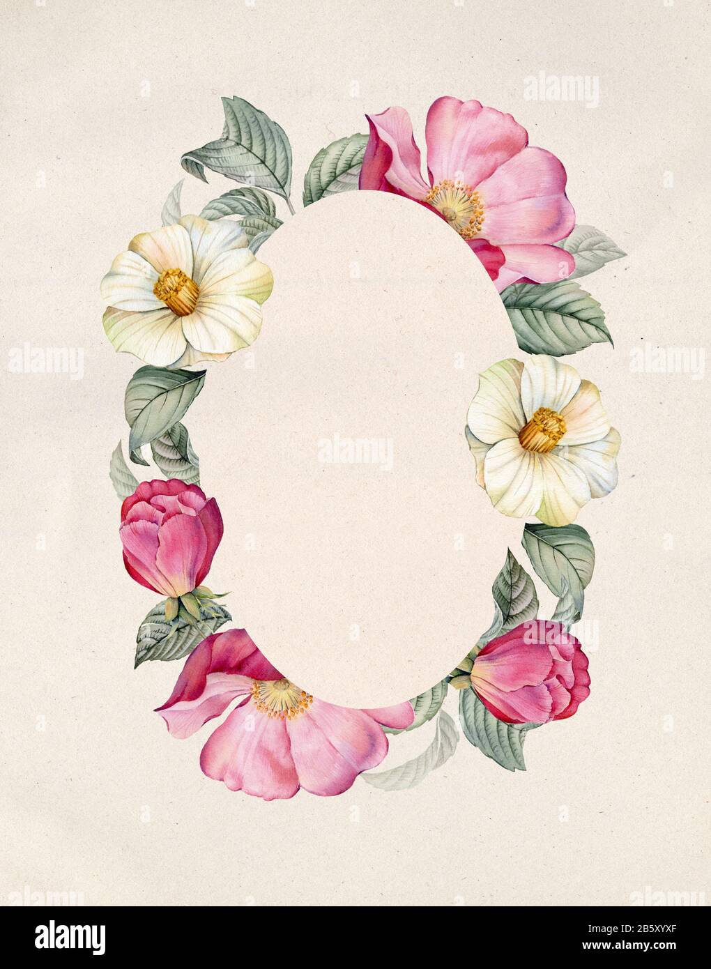 Watercolor floral banner with camellia and rose hip. Oval frame on craft paper. Place for text. Realistic leaves and briar flowers. Vintage botanical Stock Photo