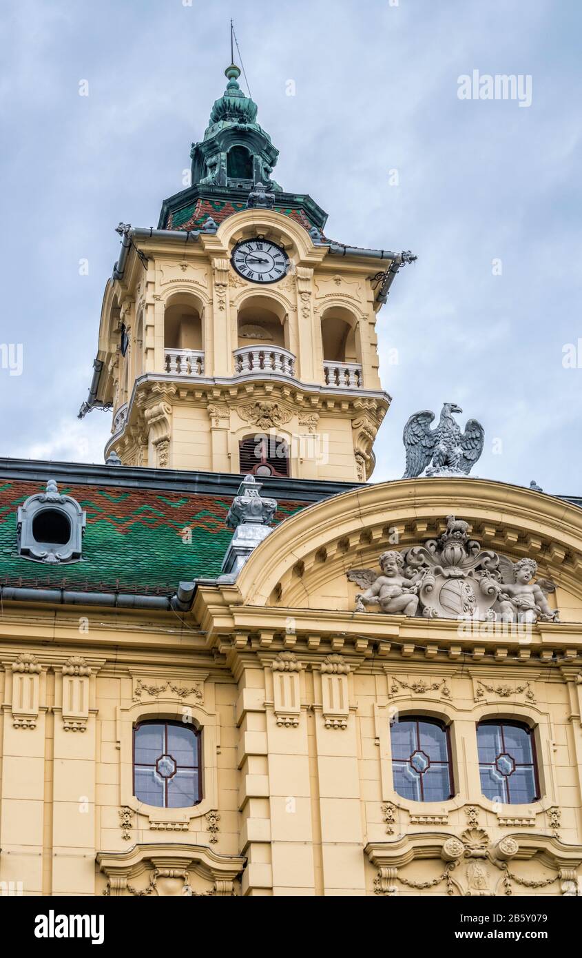 Town Hall tower, neobaroque style, at Szehenyi Square in Szeged, Southern Great Hungarian Plain region, Csongrad County, Hungary Stock Photo