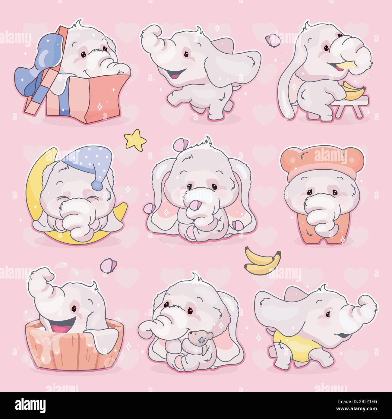 Cute elephants kawaii cartoon vector characters set. Adorable and funny  animal different poses and emotions isolated sticker, patch. Anime baby boy  Stock Vector Image & Art - Alamy