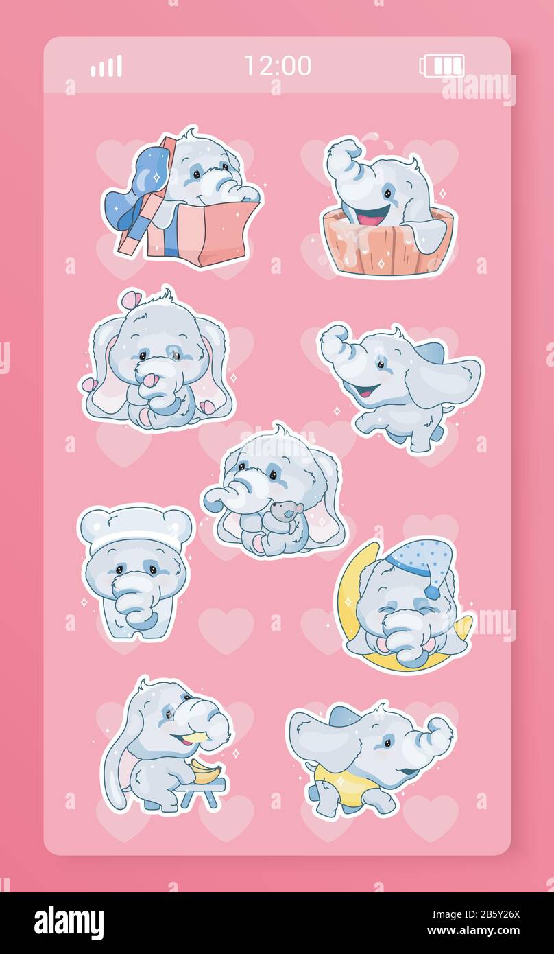 Cute baby elephant mobile app kawaii cartoon characters stickers pack.  Messaging application digital patches set with girlish anime zoo animals  Stock Vector Image & Art - Alamy