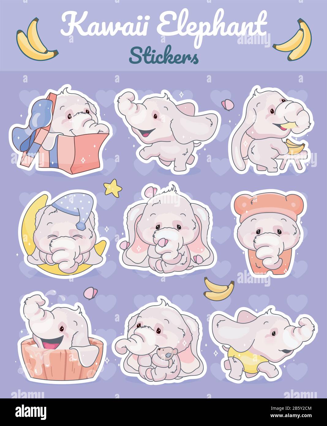 Cute elephants kawaii cartoon vector characters set. Adorable and funny  animal different poses and emotions isolated sticker, patch. Anime baby  girl Stock Vector Image & Art - Alamy