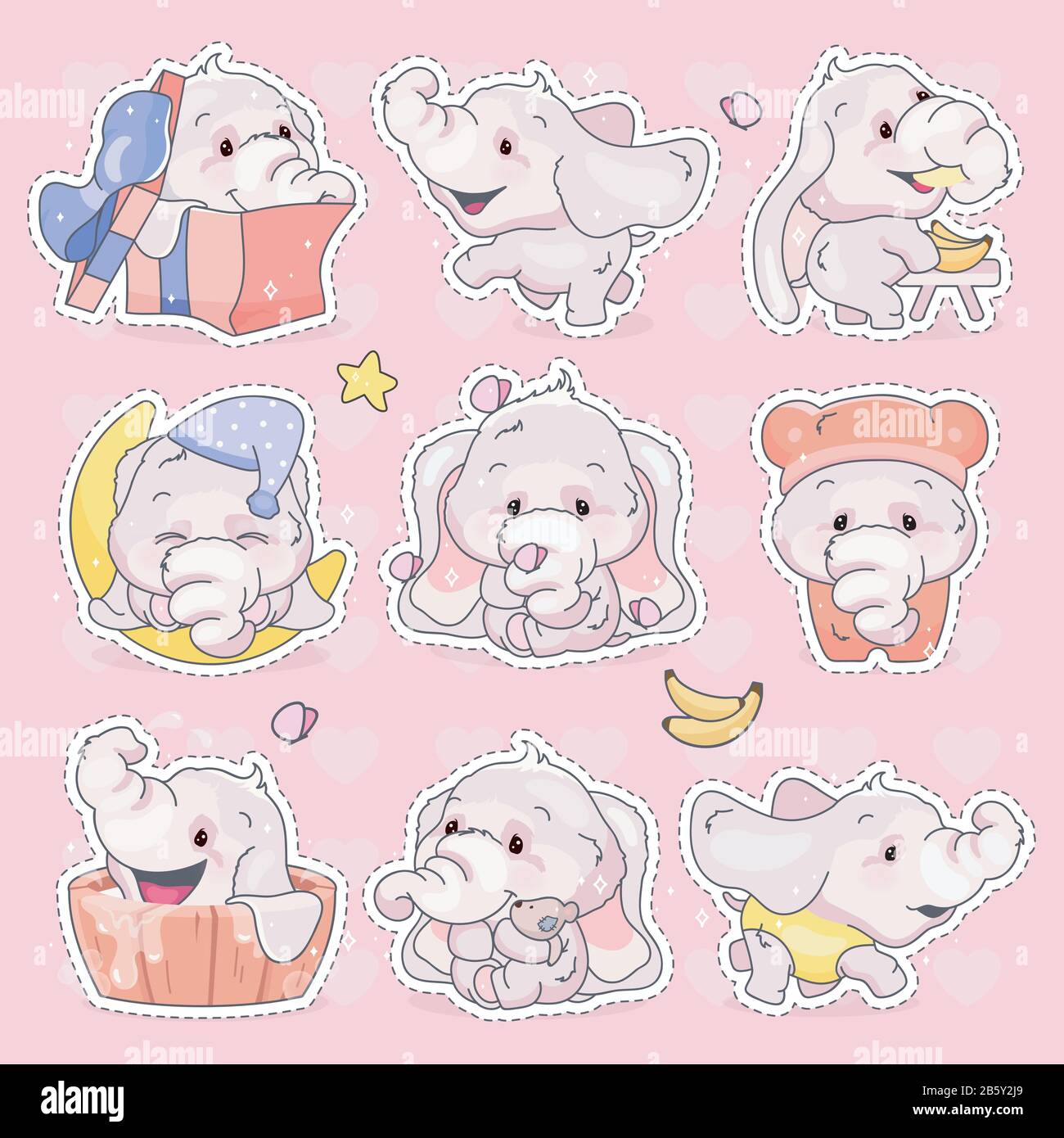Cute elephants kawaii cartoon characters set. Adorable and funny animal  different poses and emotions isolated sticker, patch, kids illustration.  Anime Stock Vector Image & Art - Alamy