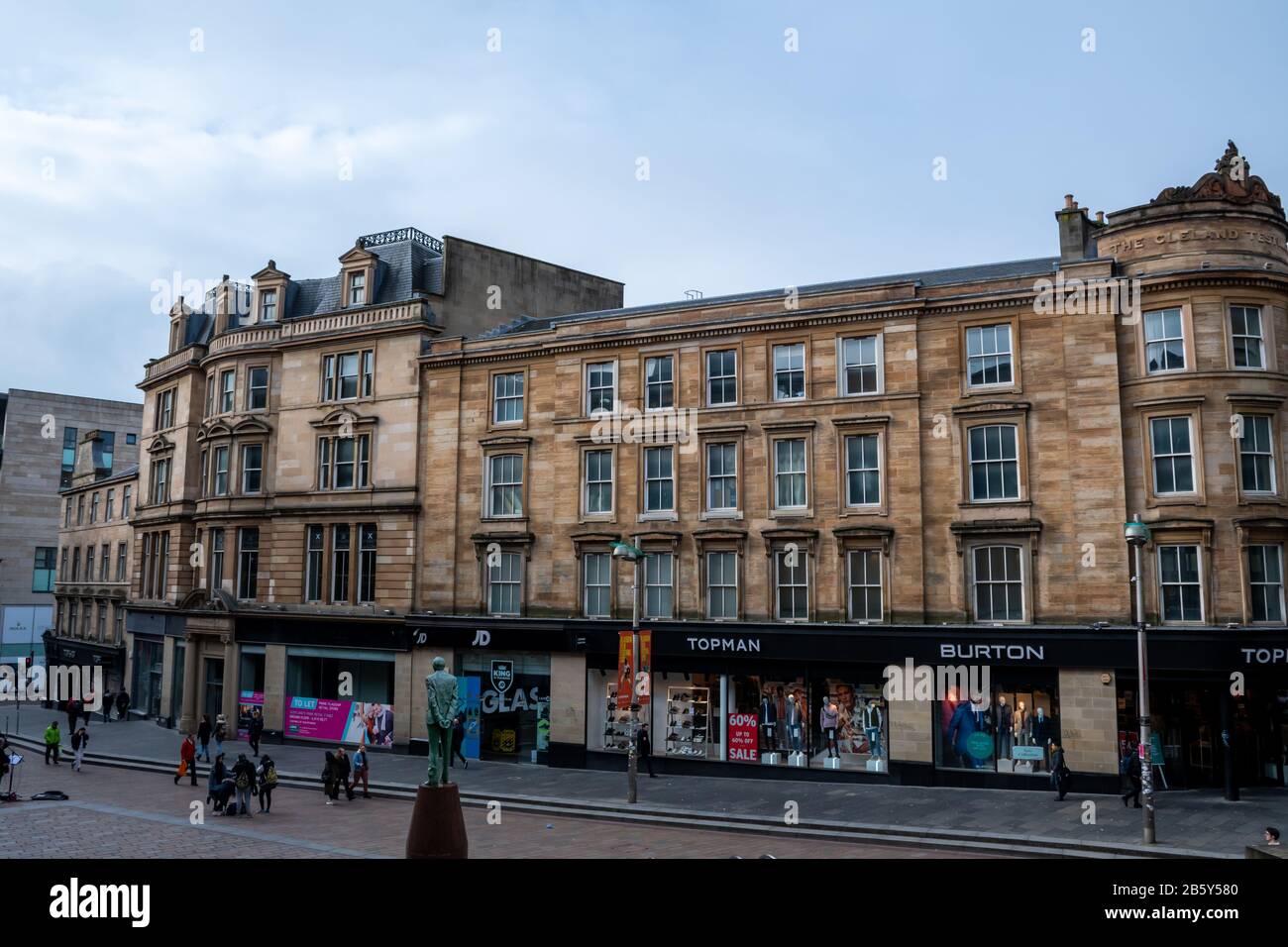 Landscape shot of open retail shops on Buchanan Street in Glasgow City