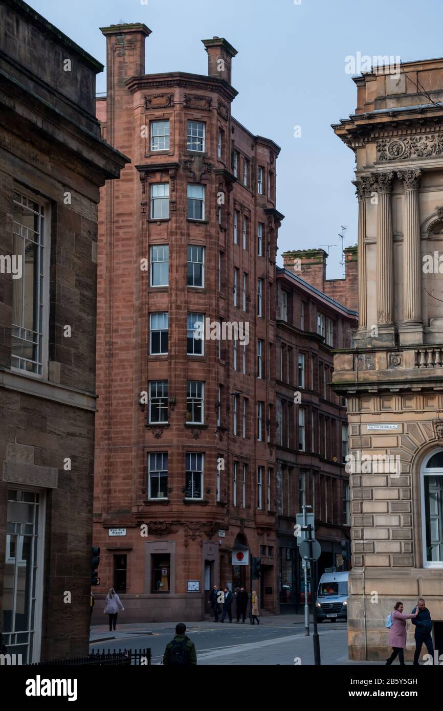 The corner of West George Street and West Nile street as viewed from Nelson Mandela Place in Glasgow city centre, Scotland Stock Photo