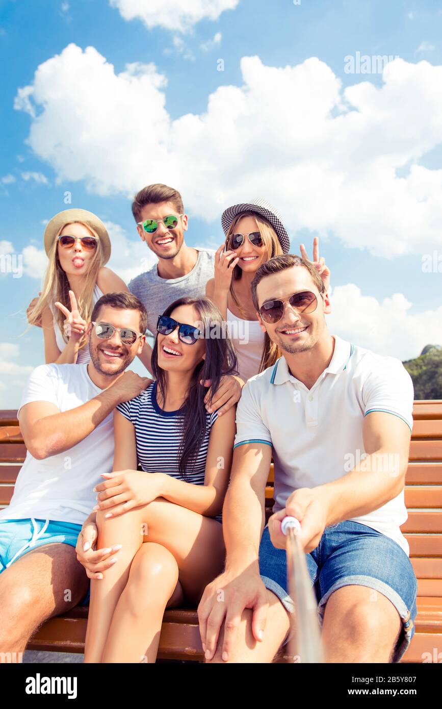 Six happy best friends on vacation making selfie Stock Photo - Alamy