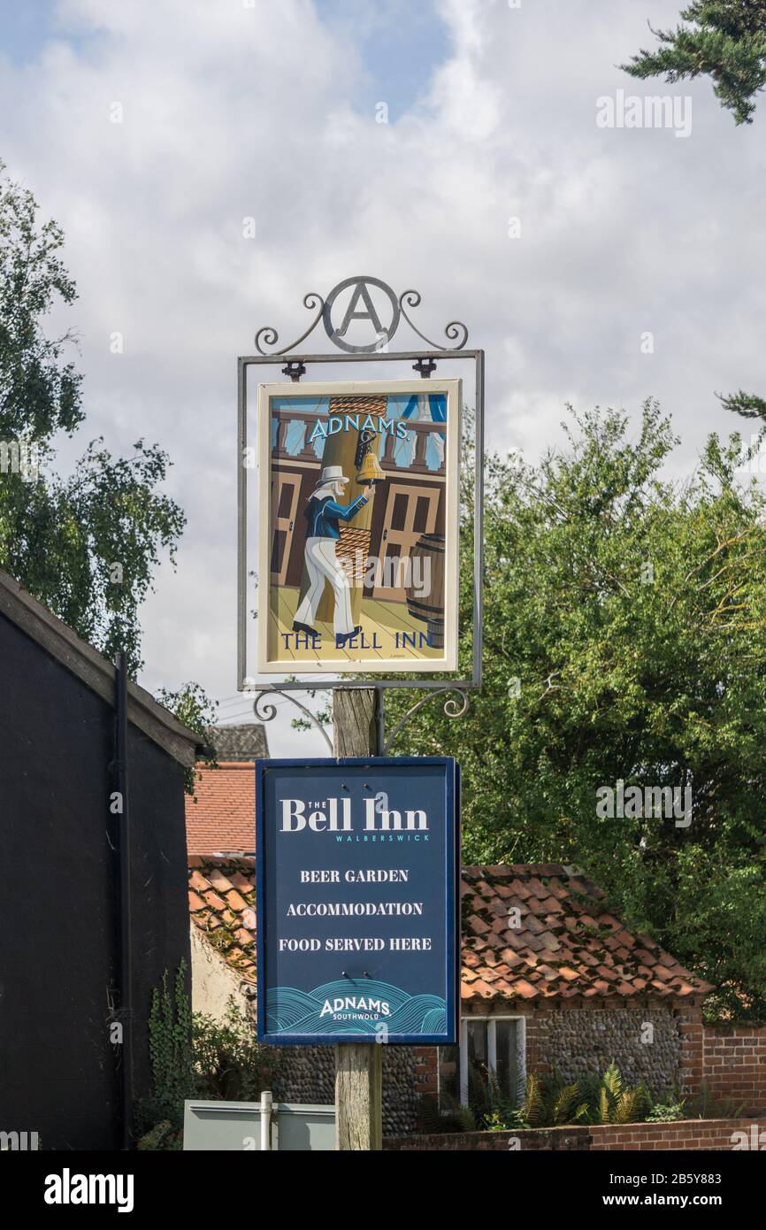 Pub sign for the Bell Inn, Walberswick, Suffolk, UK Stock Photo