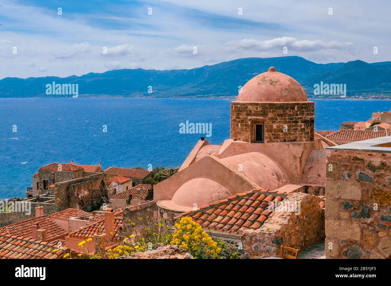 Monemvasia, the medieval castle town of Peloponnese is among the most impressive places in Greece. Stock Photo