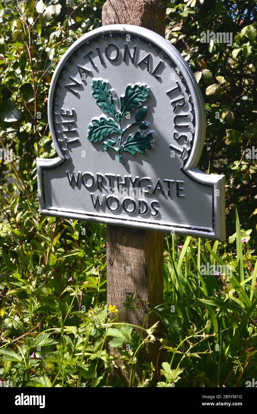 National Trust Signpost for Worthygate Woods near Buck's Mills on the South West Coast Path, North Devon, UK. Stock Photo