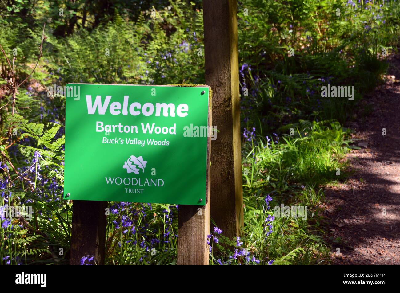 Wooden Woodland Trust Sign Welcome to Barton Wood (Buck's Valley Woods) near Buck's Mills on the South West Coast Path, North Devon, UK. Stock Photo