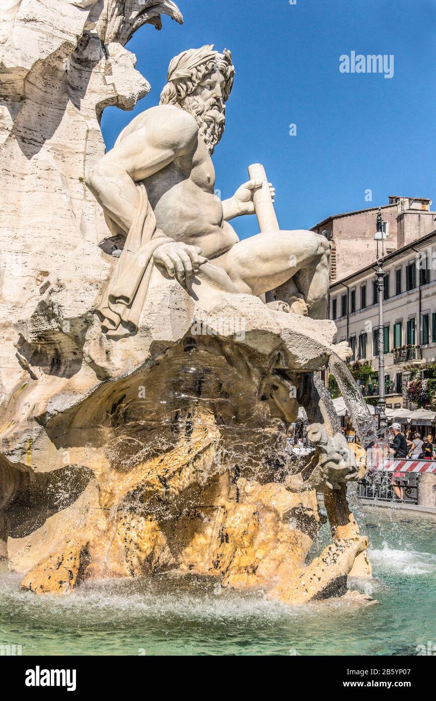 Italy.Rome.The Piazza Navona. G.L.Bernini's Fountain of the Four Rivers (1651).The Ganges,Nile,Danube and Rio Plata. Stock Photo