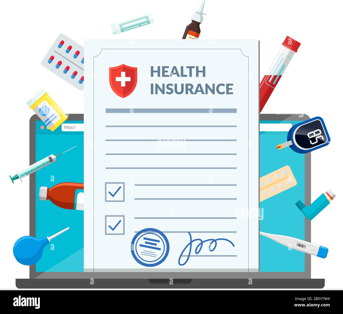 Health insurance policy with medical supplies medicine drugs pills tablets on laptop screen. Online healthcare service and pharmacy medications concept modern flat design concept vector illustration Stock Vector