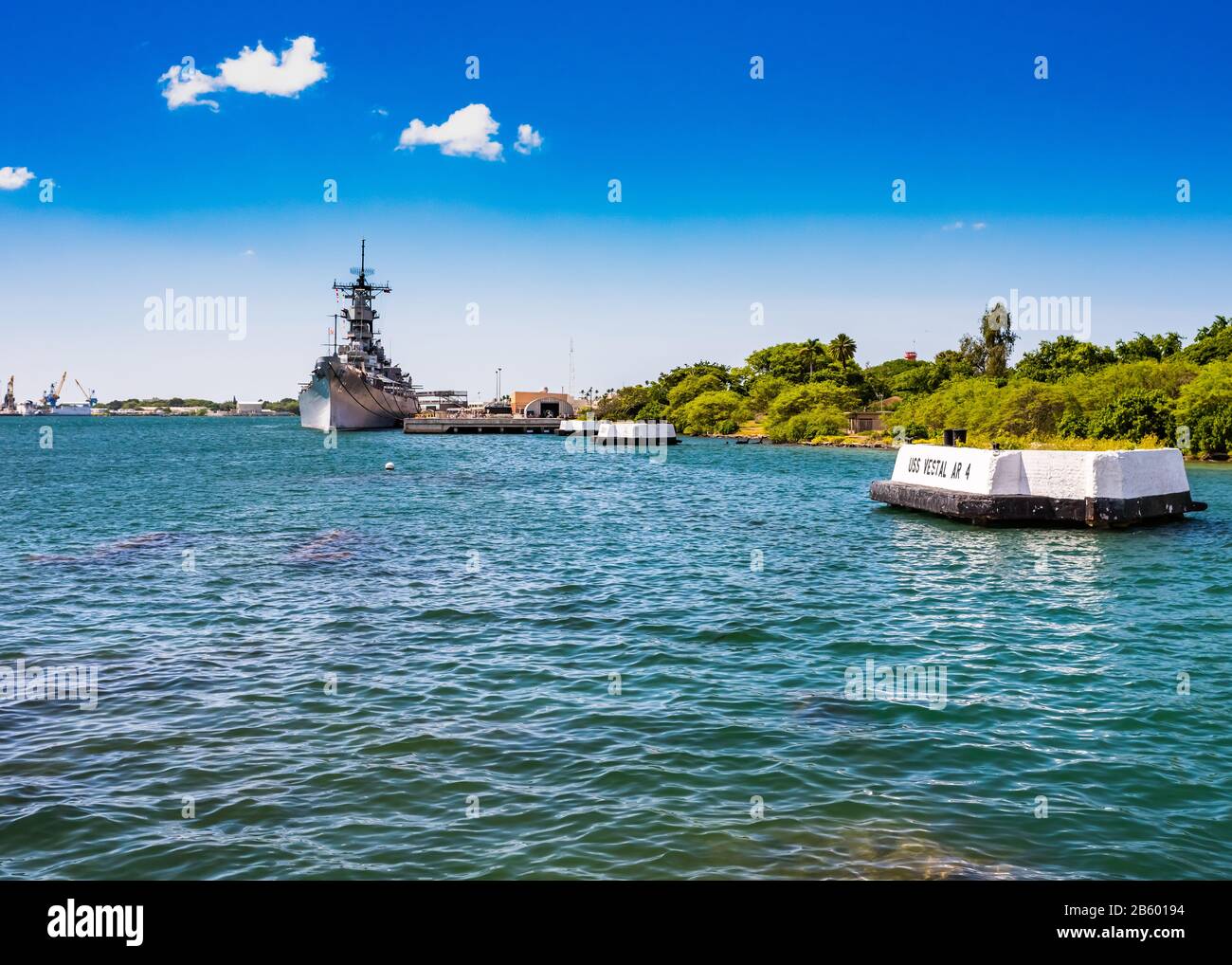 View from the USS Arizona of another docked battleship at Pearl Harbour, Hawaii Stock Photo