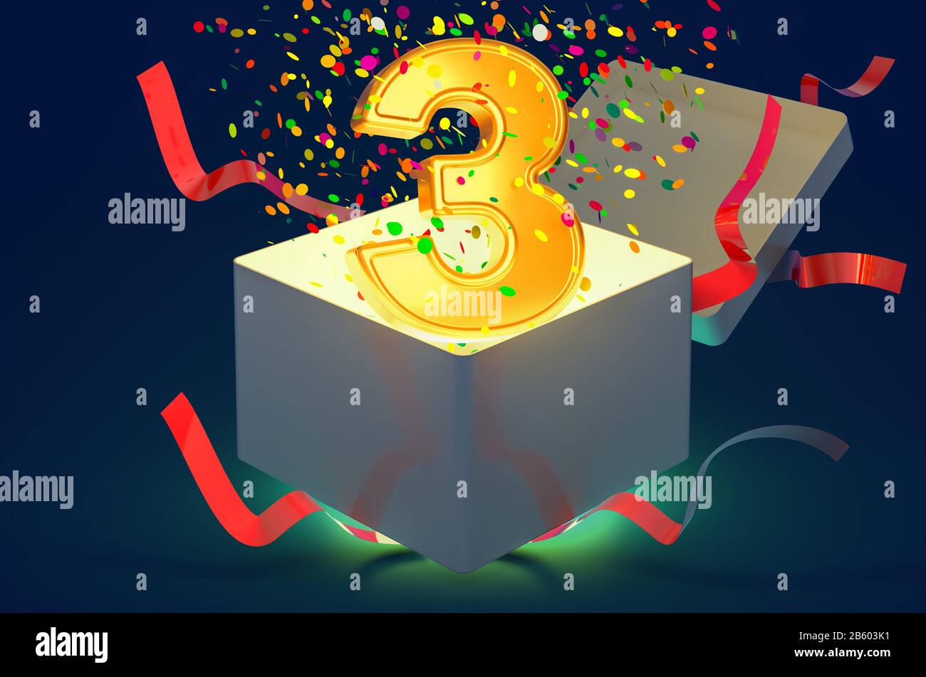 Number 3 In Box Number 3 inside gift box with confetti and shiny light, 3D rendering on ...