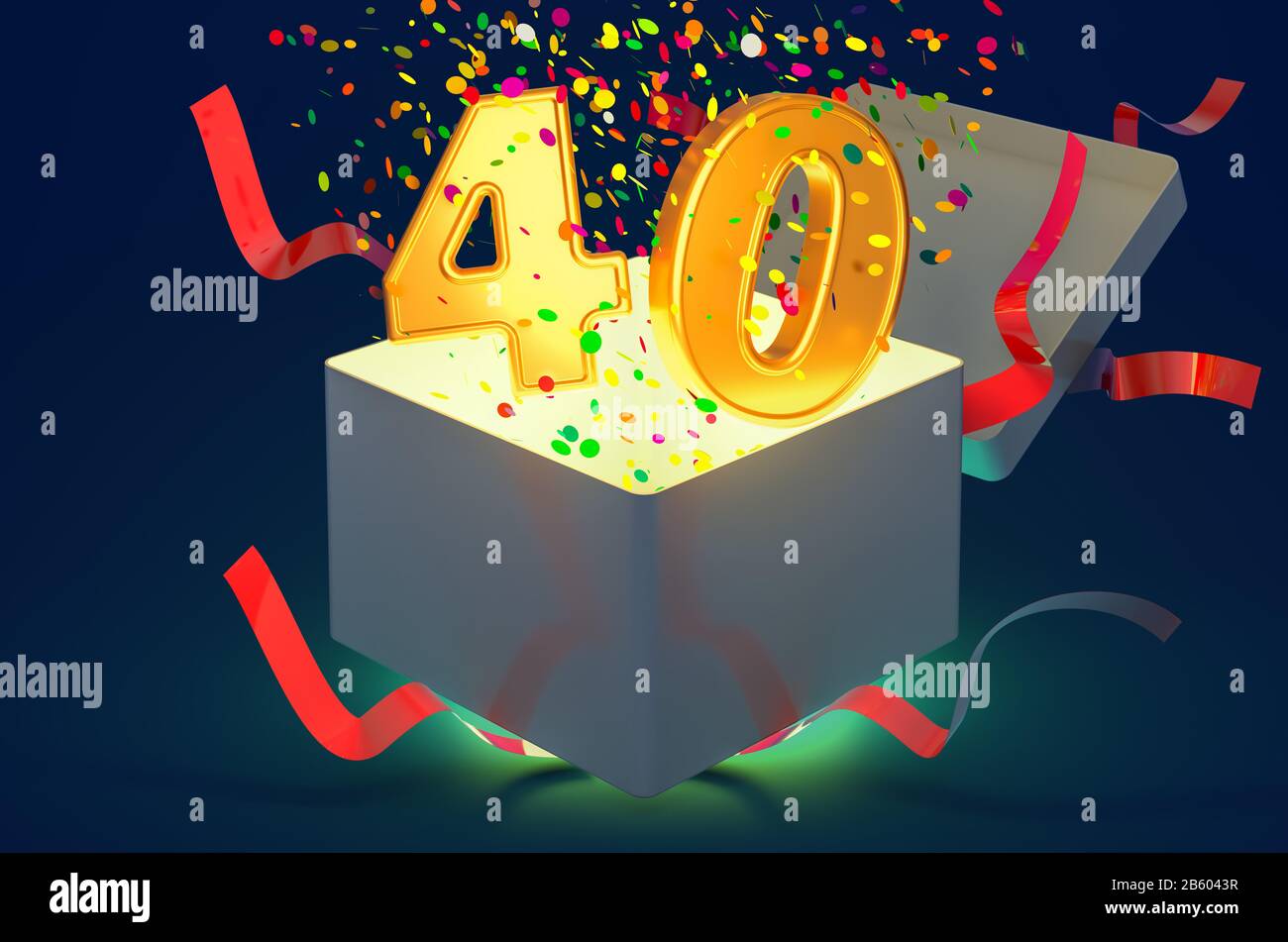 Number 40 inside gift box with confetti and shiny light, 3D rendering ...