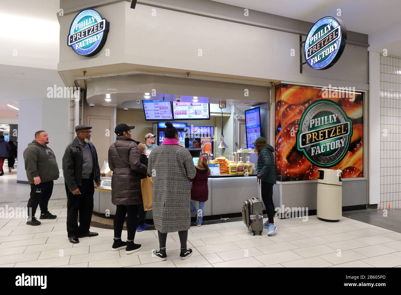 A Philly Pretzel Factory shop at the underground Fashion District mall in Center City, Philadelphia, PA. Stock Photo