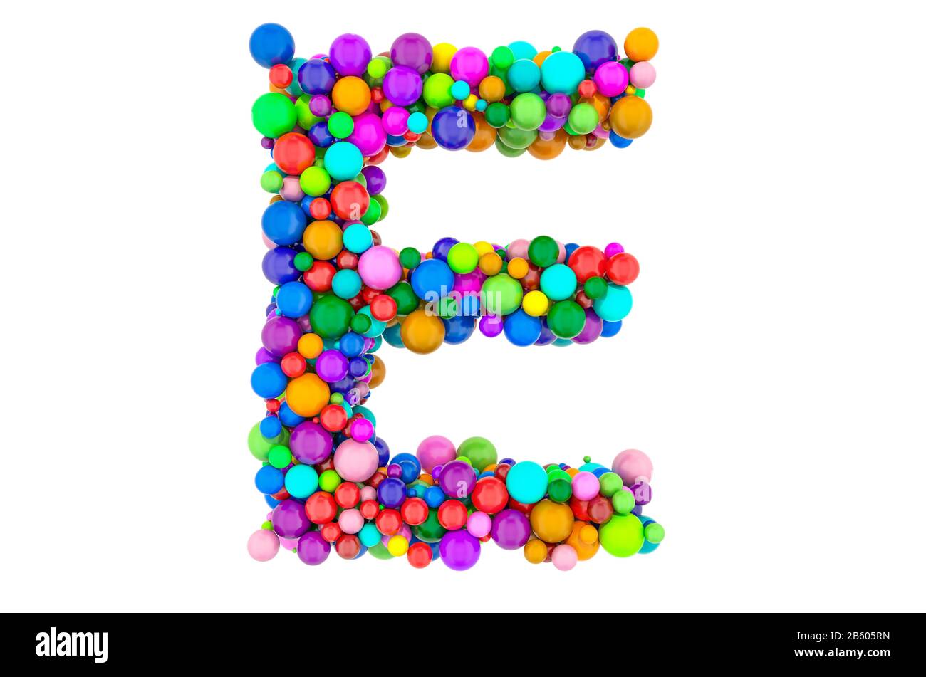 Letter E from colored balls, 3D rendering isolated on white background ...