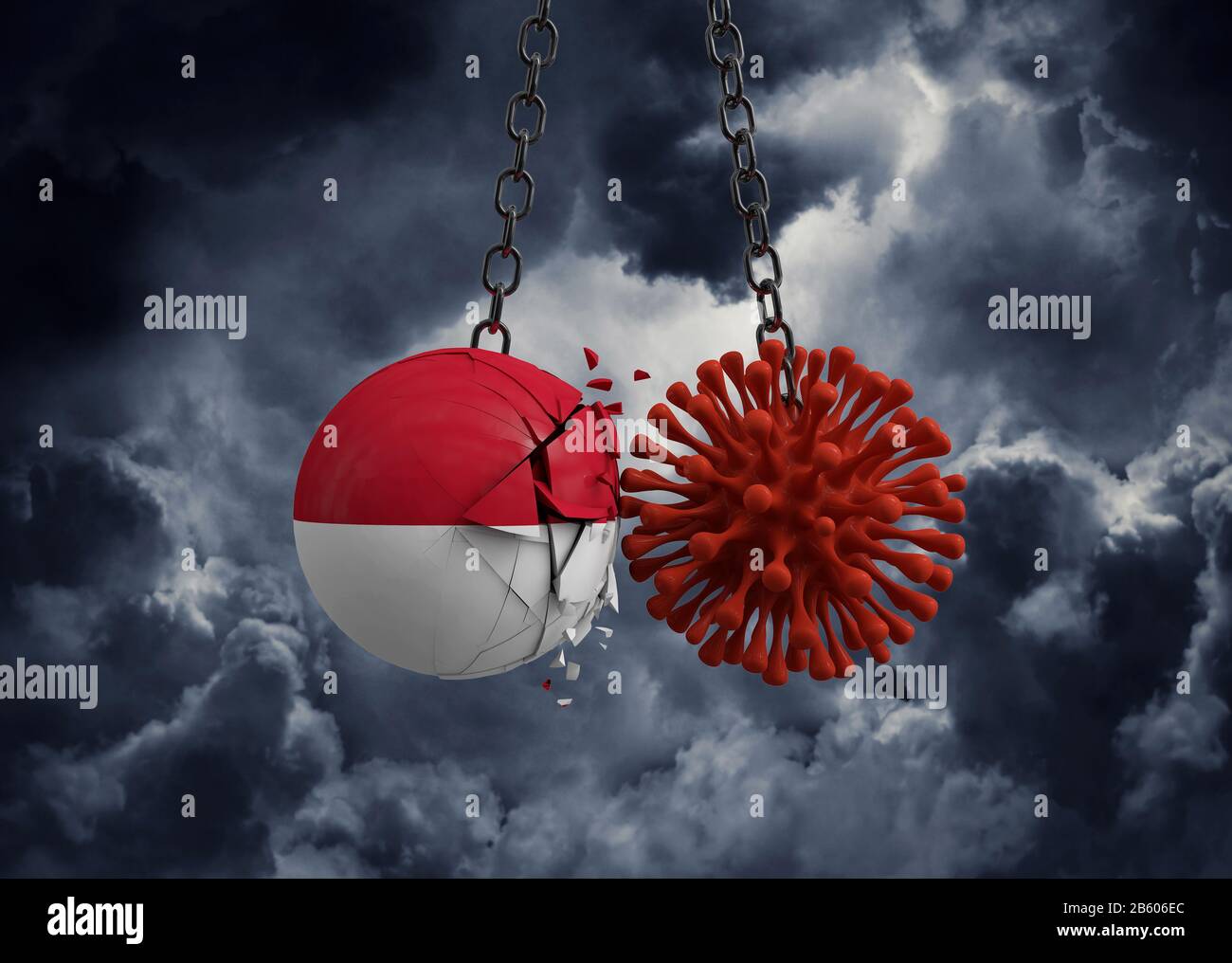 Virus microbe smashing into Indonesia flag ball. 3D Render Stock Photo ...