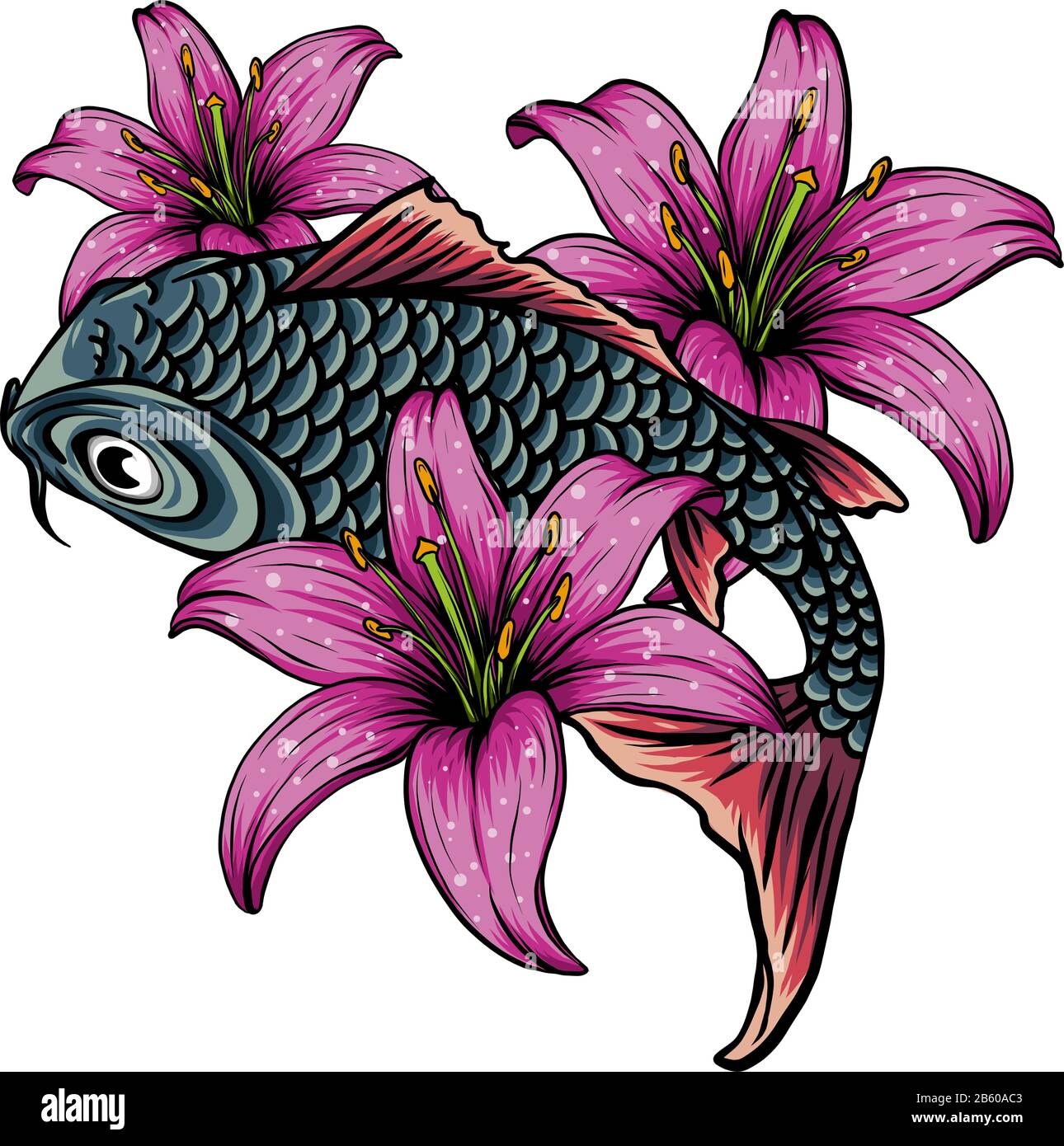 hand drawn koi fish with flower tattoo for Arm.Colorful Koi carp with Water splash Stock Vector