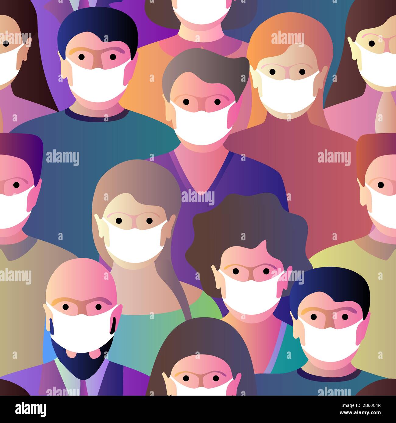Different people crowd in white medical protective face masks protecting airborne virus infection. Coronavirus epidemic quarantine concept seamless vector illustration gradient pattern Stock Vector