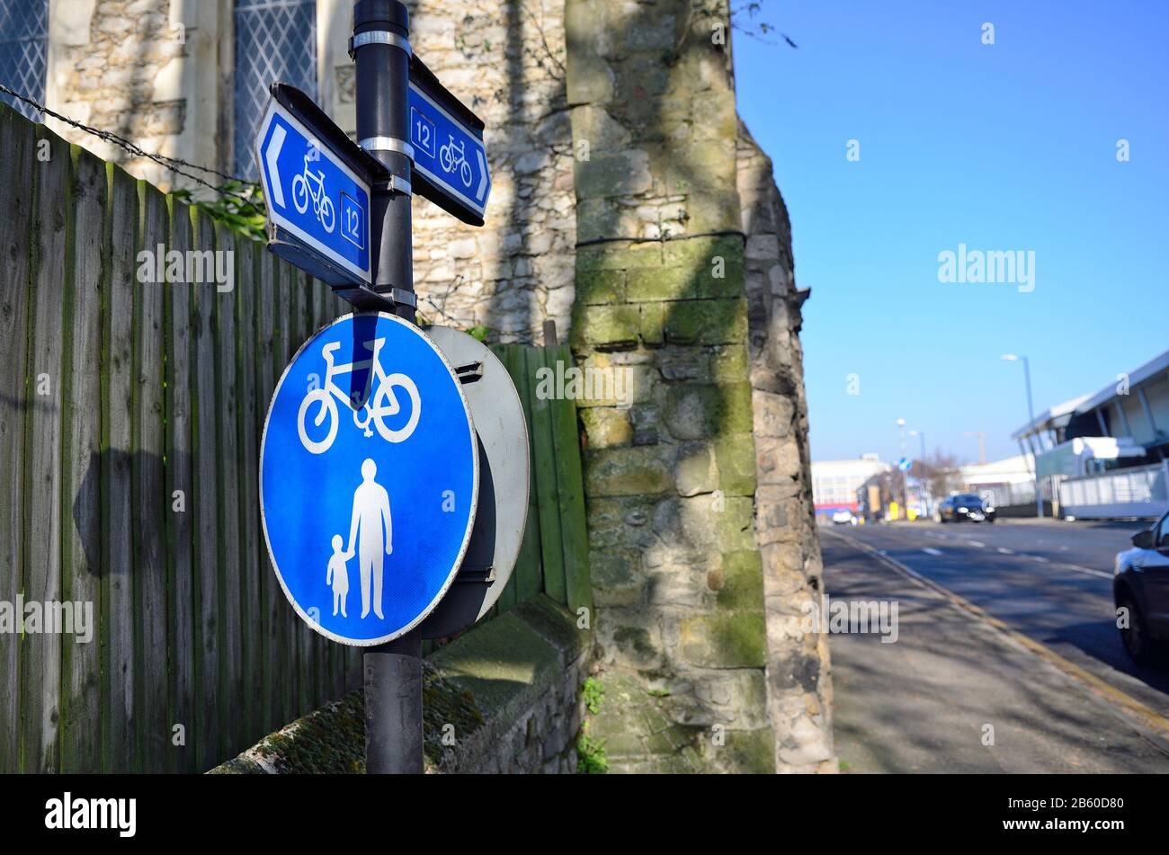 Maidstone, Kent, UK. Street signs: Cycle & pedestrian lane / cycle routes Stock Photo