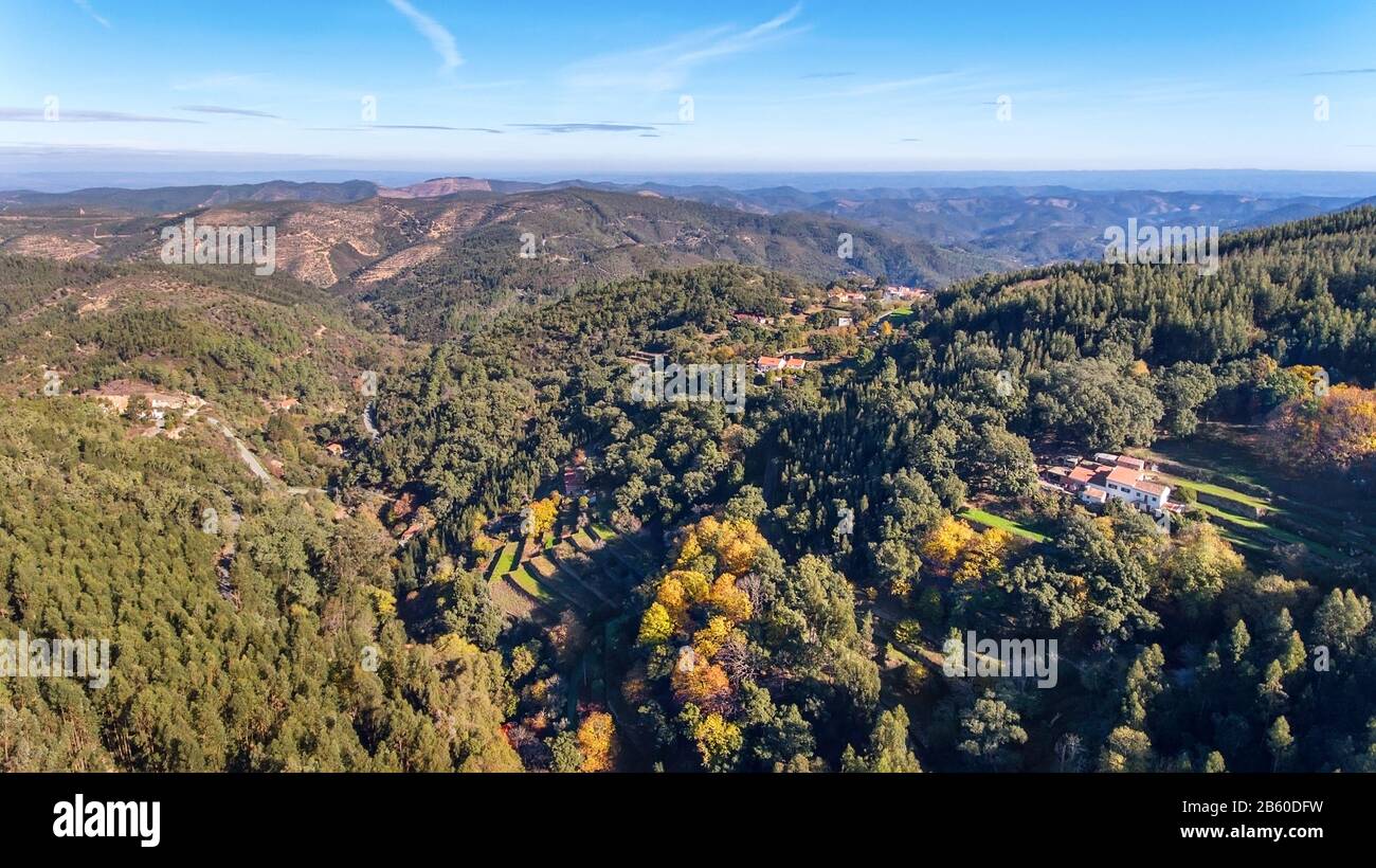 Aerial. Forests and the landscape of the ecological zone Monchique. From the sky by drones. Stock Photo