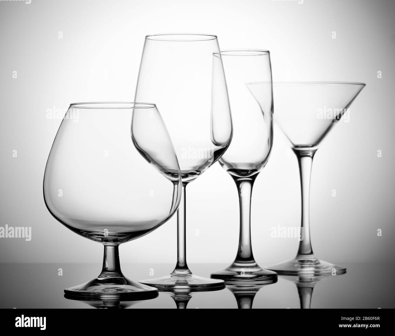 A variety of empty glasses for alcoholic beverages. Close up Stock Photo
