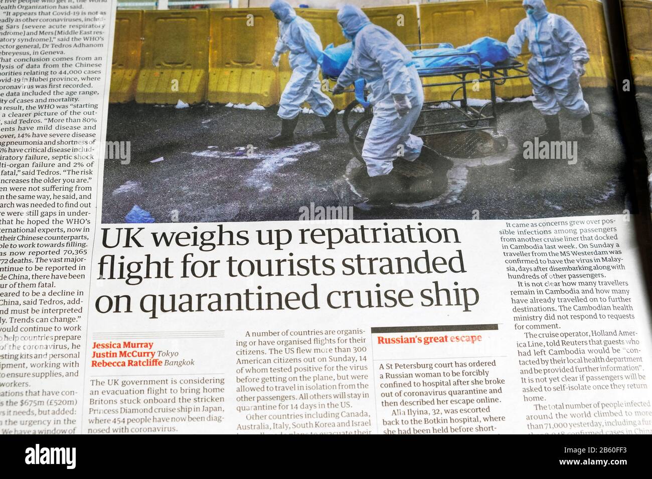 'UK weighs up repatriation flight for tourists stranded on quarantined cruise ship' coronavirus Guardian newspaper article 18 February 2020 London UK Stock Photo