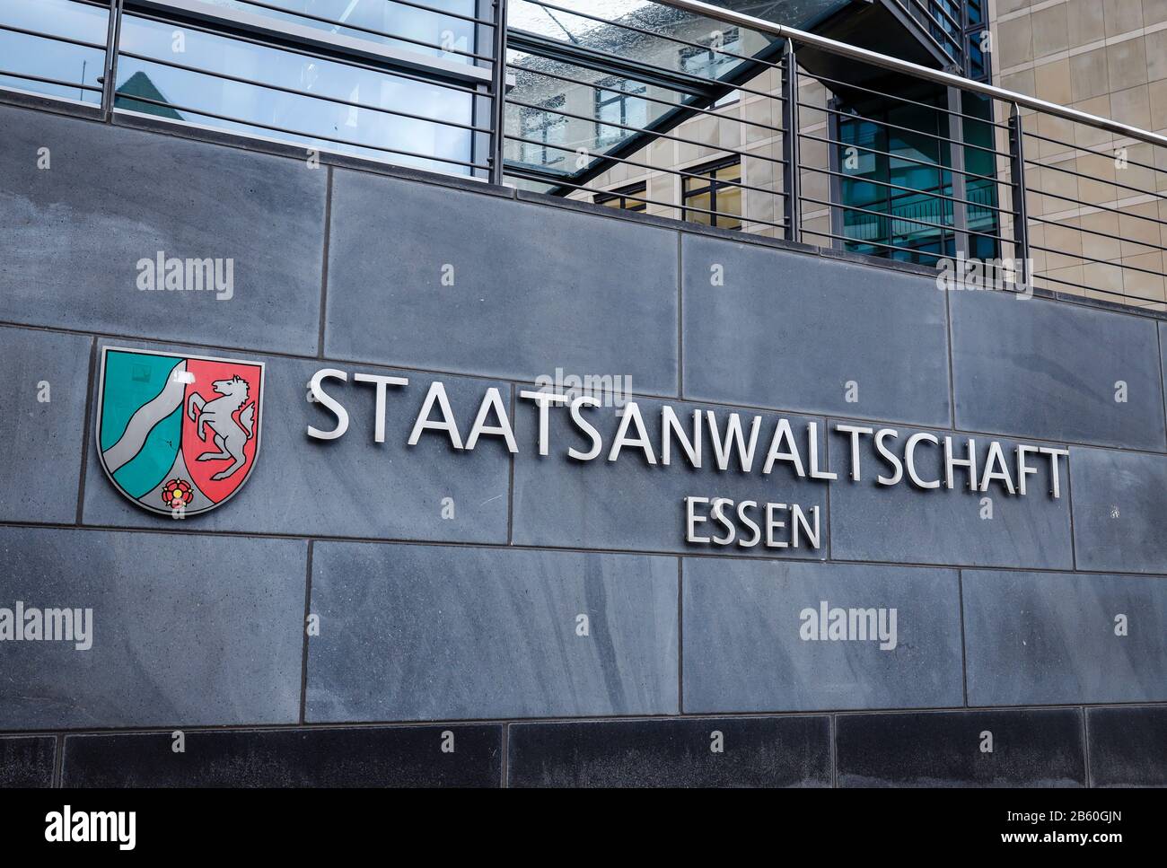 Essen, Ruhr area, North Rhine-Westphalia, Germany - NRW state coat of arms shield and lettering public prosecutor's office Essen. Essen, Ruhrgebiet, N Stock Photo