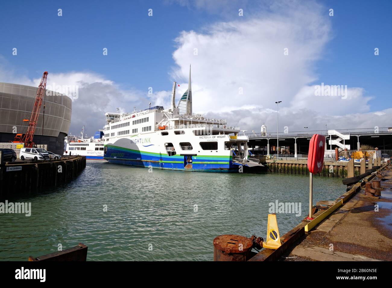 The historic Camber harbour in old Portsmouth with two Wightlink car ferries at their moorings, Portsmouth Hampshire England UK Stock Photo