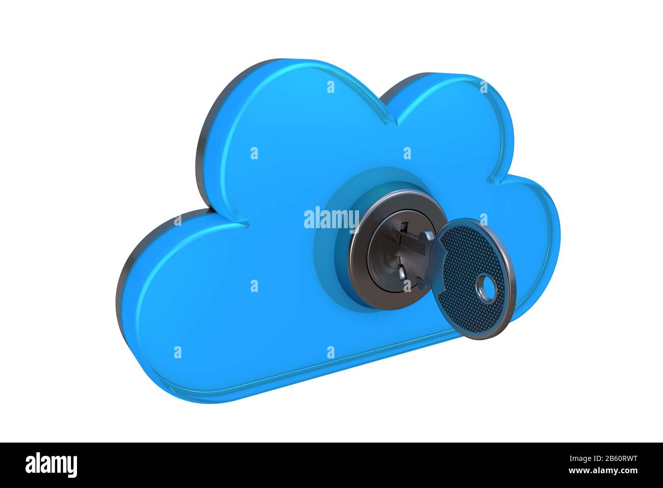 3D illustration: blue symbol of remote data storage. Cloud with key in the keyhole, reliable information storage available from various gadgets. Stock Photo