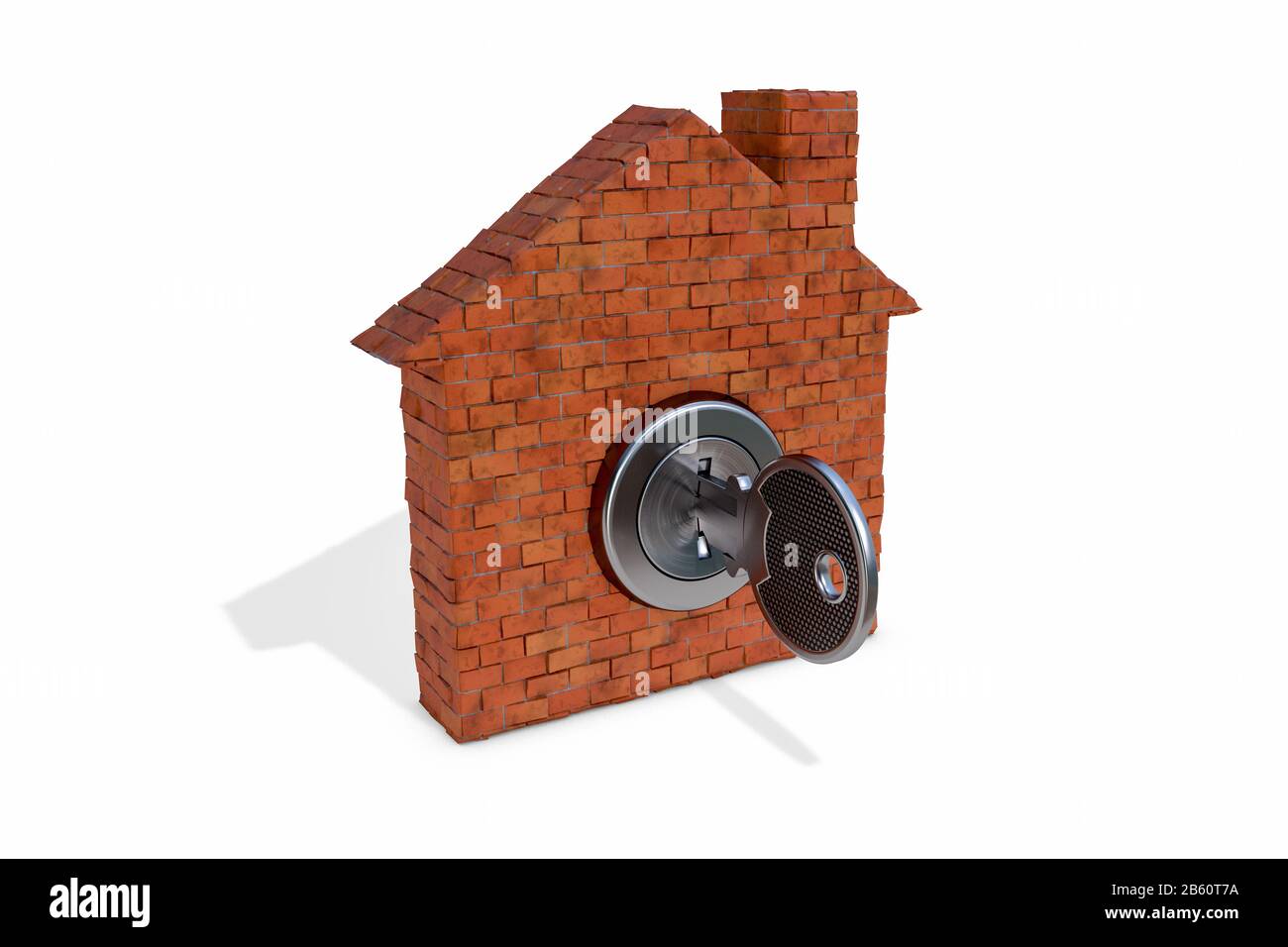 3D illustration: Symbol of a brick house with a keyhole with a key inside on white background isolated. The concept of buying or renting a new home. Stock Photo