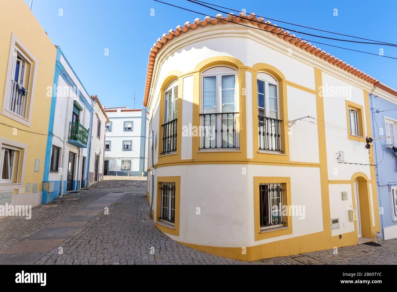 Vintage traditional houses and streets of the town Sines. Portugal