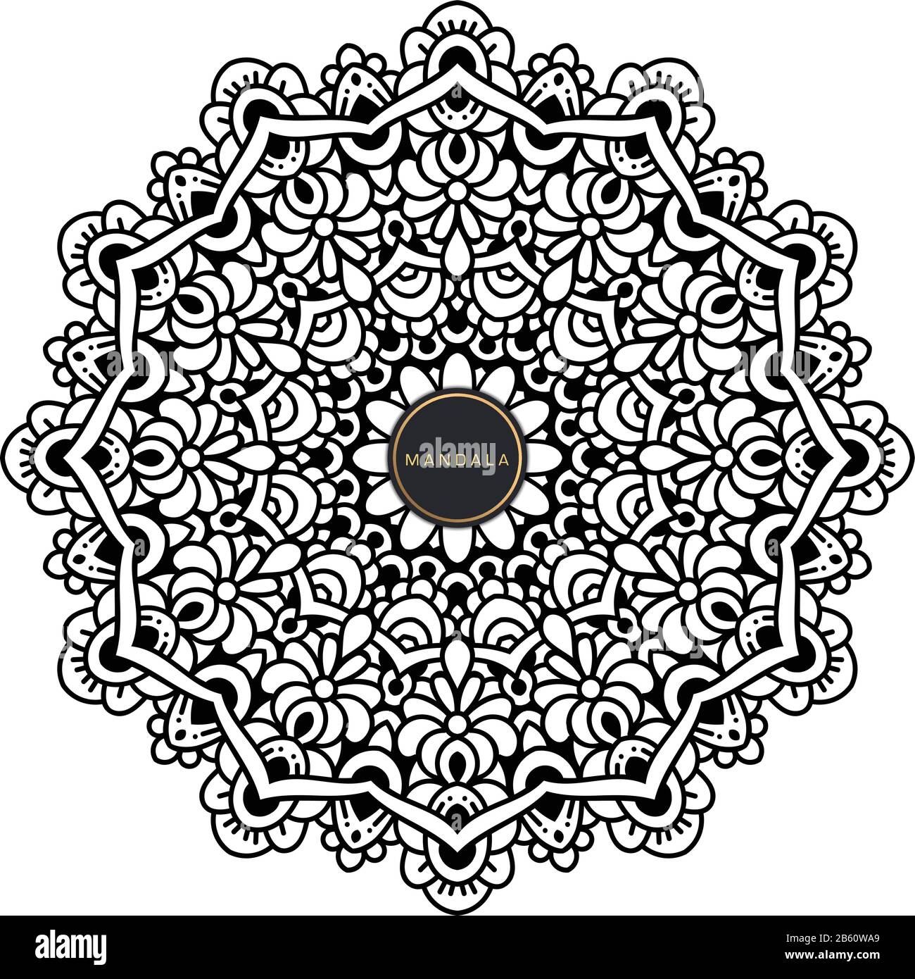 Black and white mandala vector isolated on white. Vector hand drawn circular decorative element. Stock Vector