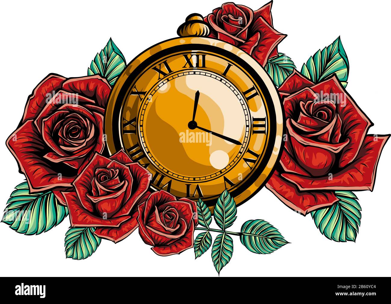 Gold, jewelry watches, jewelry with red roses and golden leaves. vector Stock Vector