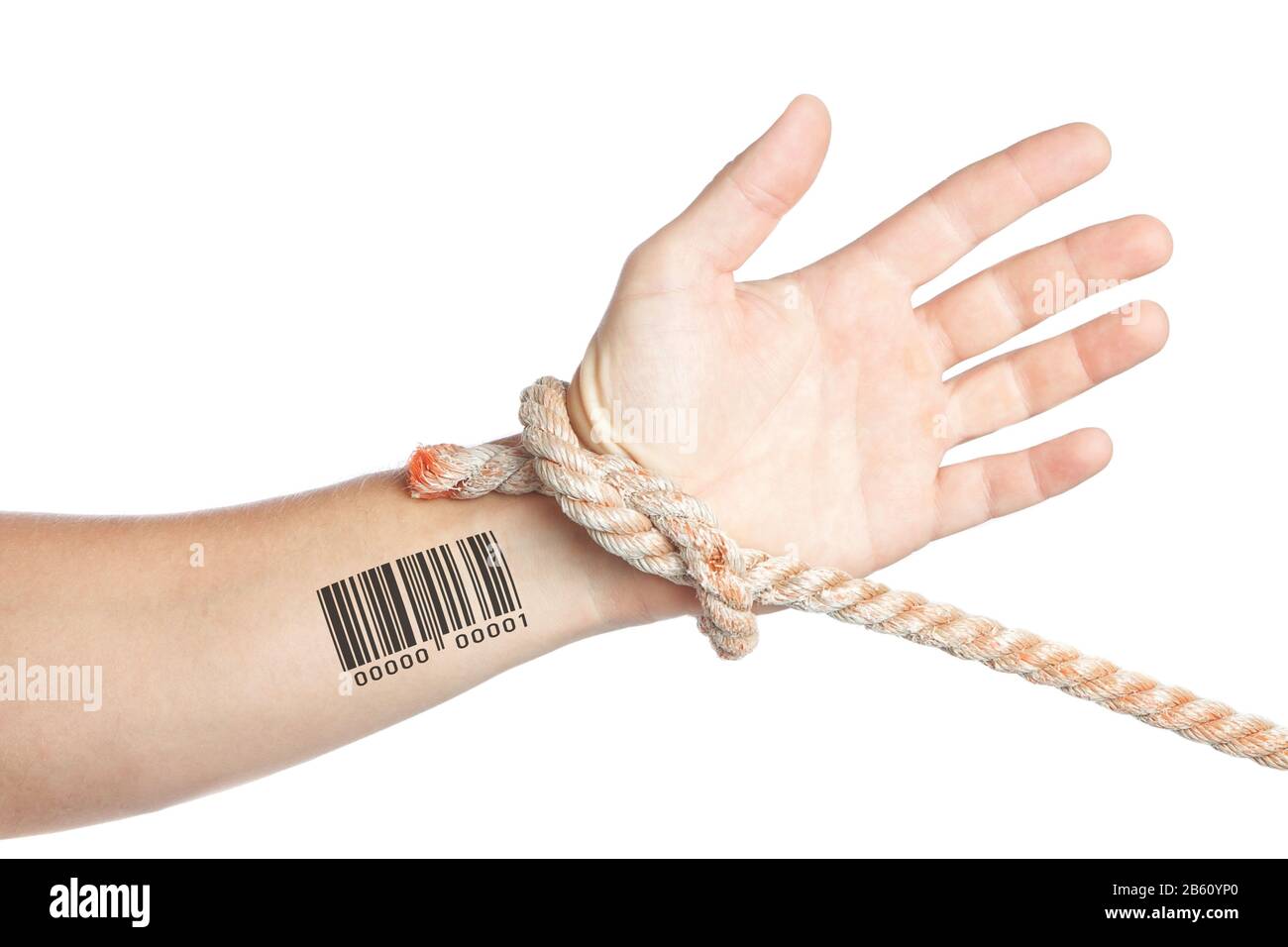 Limitation of personal privacy. Hand with barcode tied with a rope
