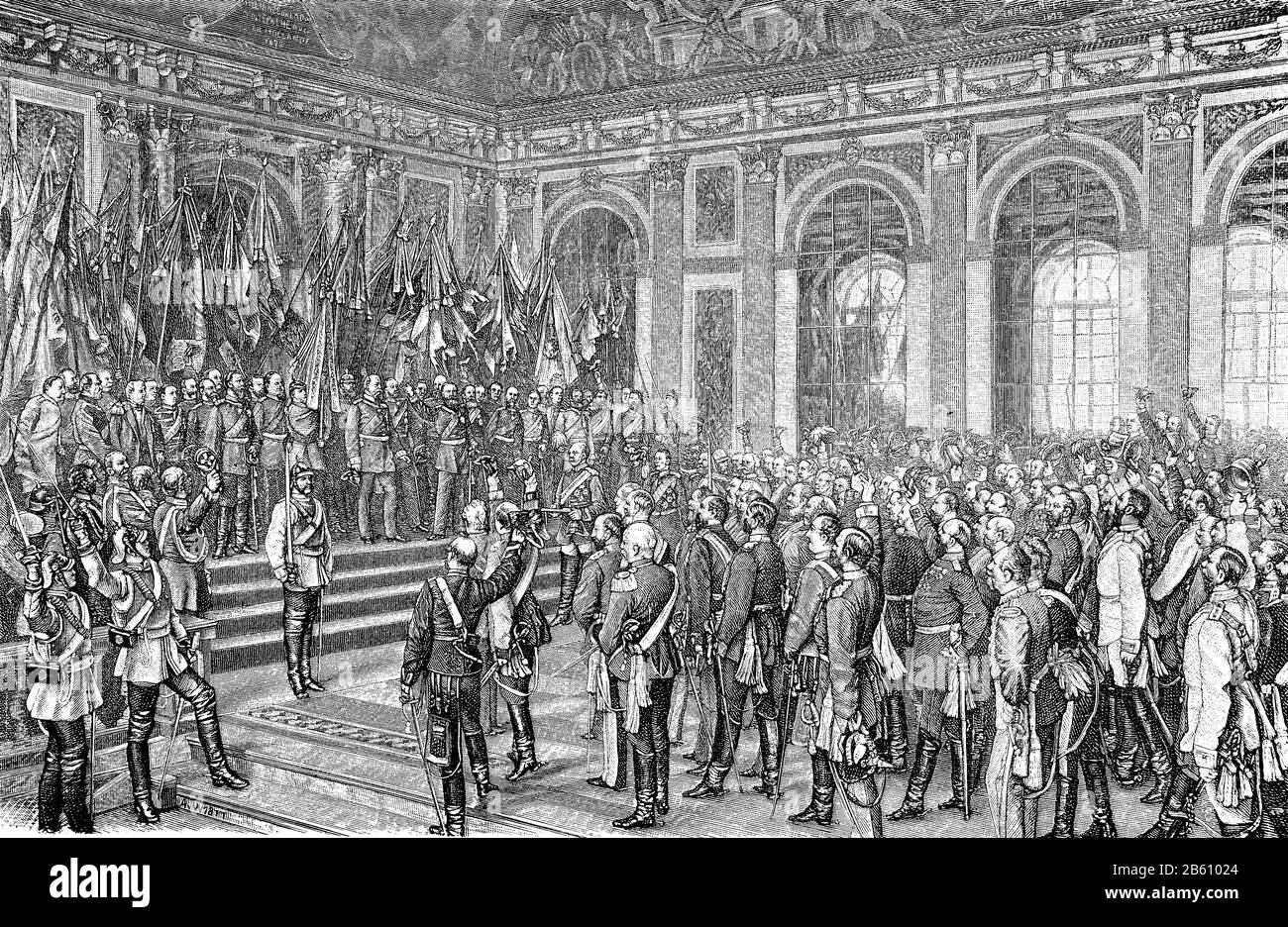 The Imperial Proclamation in Versailles, The Proclamation of the German Empire , 18 January 1871, historical painting by the German painter Anton von Werner  /  Die kaiserliche Proklamation in Versailles, Die Proklamation des Deutschen Reiches, 18. Januar 1871, historisches Gemälde des deutschen Malers Anton von Werner, Historisch, digital improved reproduction of an original from the 19th century / digitale Reproduktion einer Originalvorlage aus dem 19. Jahrhundert Stock Photo