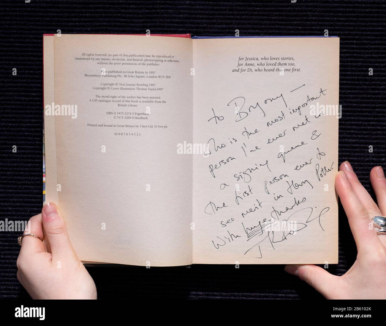 Bonhams, London, UK. 9th March 2020. Fine Books, Atlases, Manuscripts & Historical Photographs on preview prior to the sale in London on 11 March 2020. Image: J.K. Rowling. Harry Potter and the Philosopher's Stone, First Edition, First Impression, inscribed by the Author 'to Bryony... the first person ever to see merit in Harry Potter. With huge [underlined 4 times] thanks. J.K. Rowling', Bloomsbury, 1997, estimate £70,000-90,000. Credit: Malcolm Park/Alamy Live News. Stock Photo