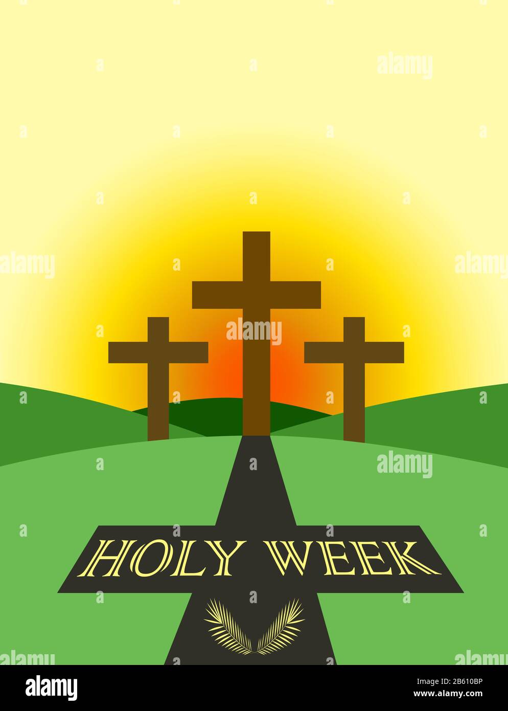Holy week themed poster, with three crosses in front of the sunrise and projected cross shadow with text and palm leafs inside. Stock Vector