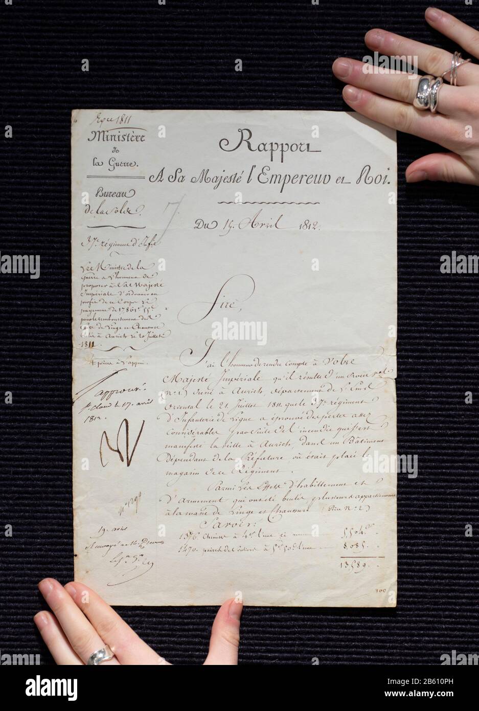 Bonhams, London, UK. 9th March 2020. Fine Books, Atlases, Manuscripts & Historical Photographs on preview prior to the sale in London on 11 March 2020. Image: Napoleon Bonaparte. 1812, Rapport signed as approved by Napoleon ('approuvé N'); with other documents, estimate £800-1,200. Credit: Malcolm Park/Alamy Live News. Stock Photo