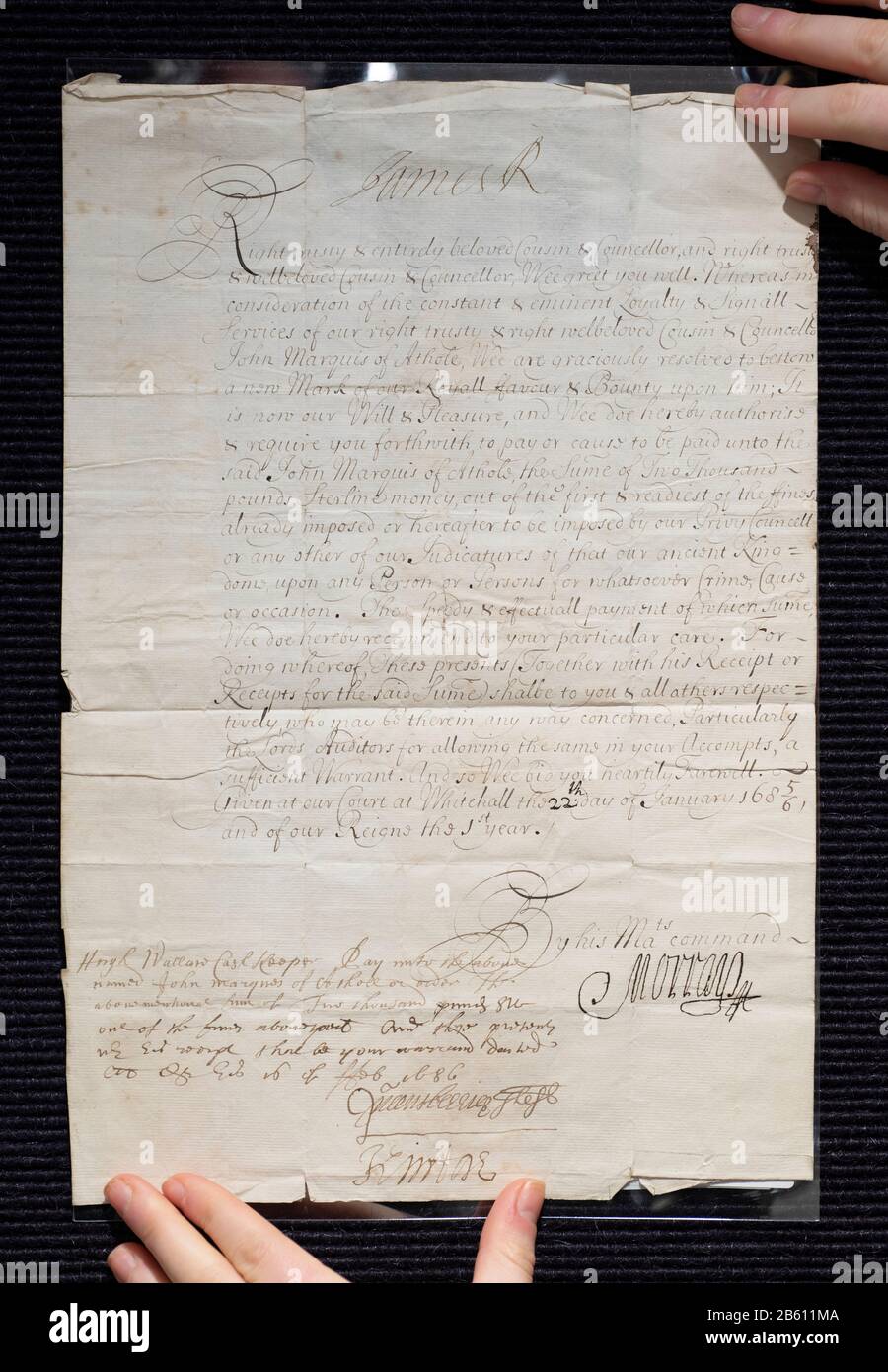 Bonhams, London, UK. 9th March 2020. Fine Books, Atlases, Manuscripts & Historical Photographs on preview prior to the sale in London on 11 March 2020. Image: James II - Scotland. Document signed ('James R') at head, to William, Duke of Queensberry ('our Treasurer Principall') and John, Earl of Kintore ('our Treasurer Deput of our ancient Kingdome of Scotland'), 'Given at our Court at Whitehall', 22 January 1685/6, estimate £800-1,200. Credit: Malcolm Park/Alamy Live News. Stock Photo