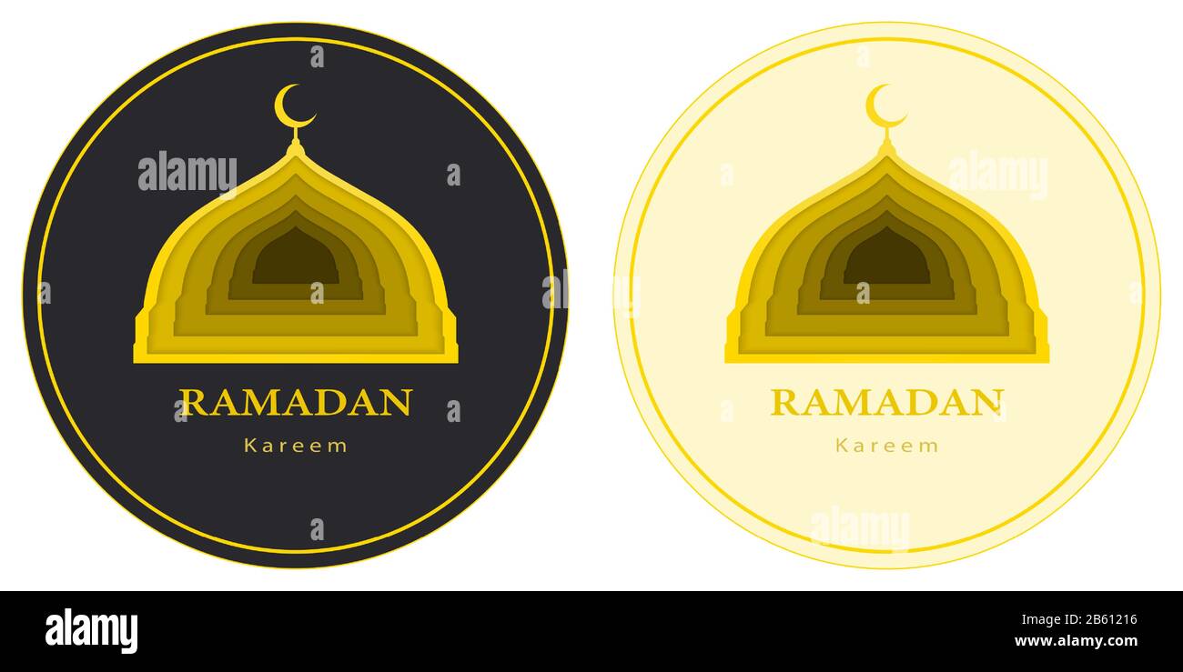 Ramadan Kareem round greeting badge. Islamic mosque and crescent dome icon in circles, on yellow and dark color background, with papercut technique. I Stock Vector