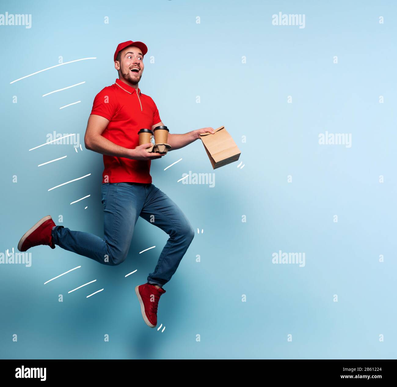 Courier runs fast to deliver quickly ordered breakfast. Cyan background Stock Photo