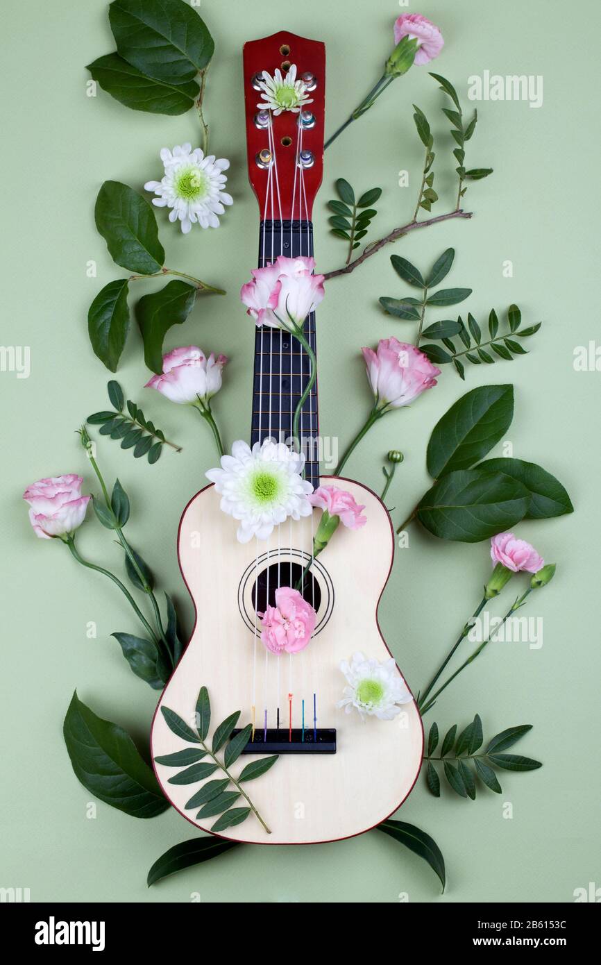 top view of a guitar and flowers on green background. beautiful postcard ,  cover for musical album, wallpaper close up Stock Photo - Alamy