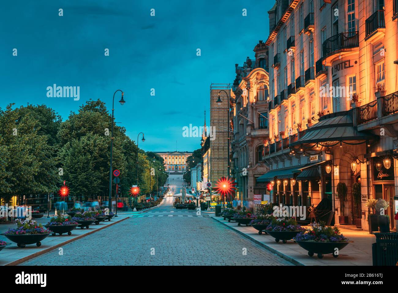 Oslo, Norway - June 24, 2019: Night View Karl Johans gate Street. Residential Multi-storey Houses In Centrum District. Summer Evening. Residential Are Stock Photo