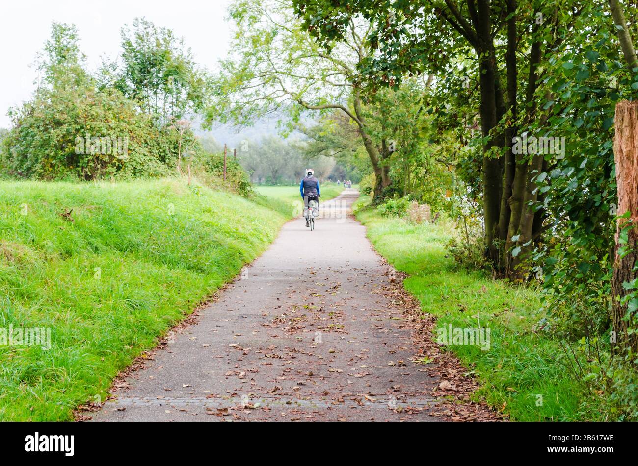 Essen, Germany - September 30, 2014: group of older men on the bike on the boardwalk of the river Ruhr near Essen Werden towards Kettwig. Stock Photo