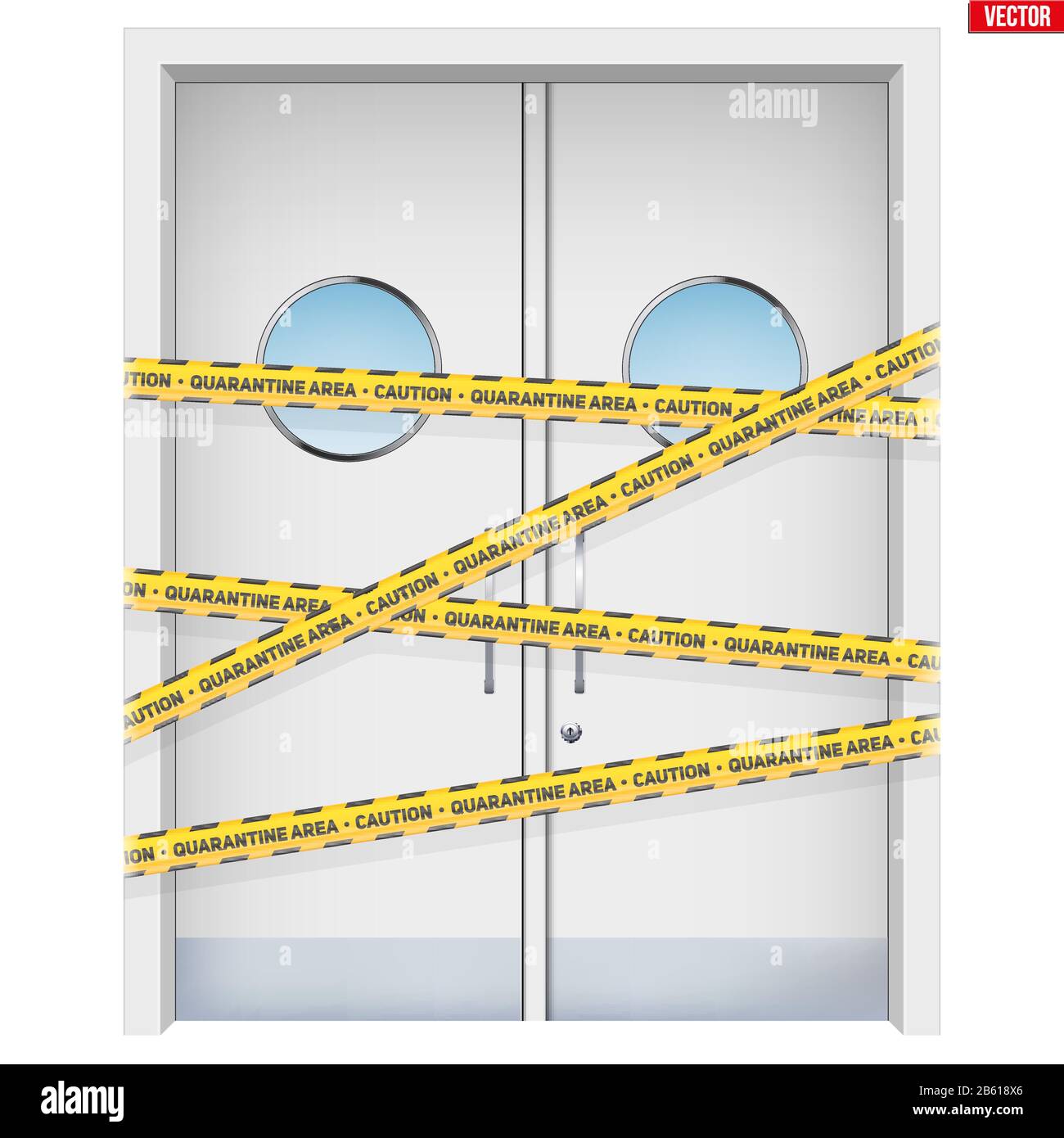 Hospital doors with warning tapes. Stock Vector