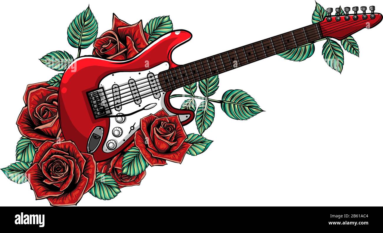 Electric guitar, roses and music notes. vector Stock Vector