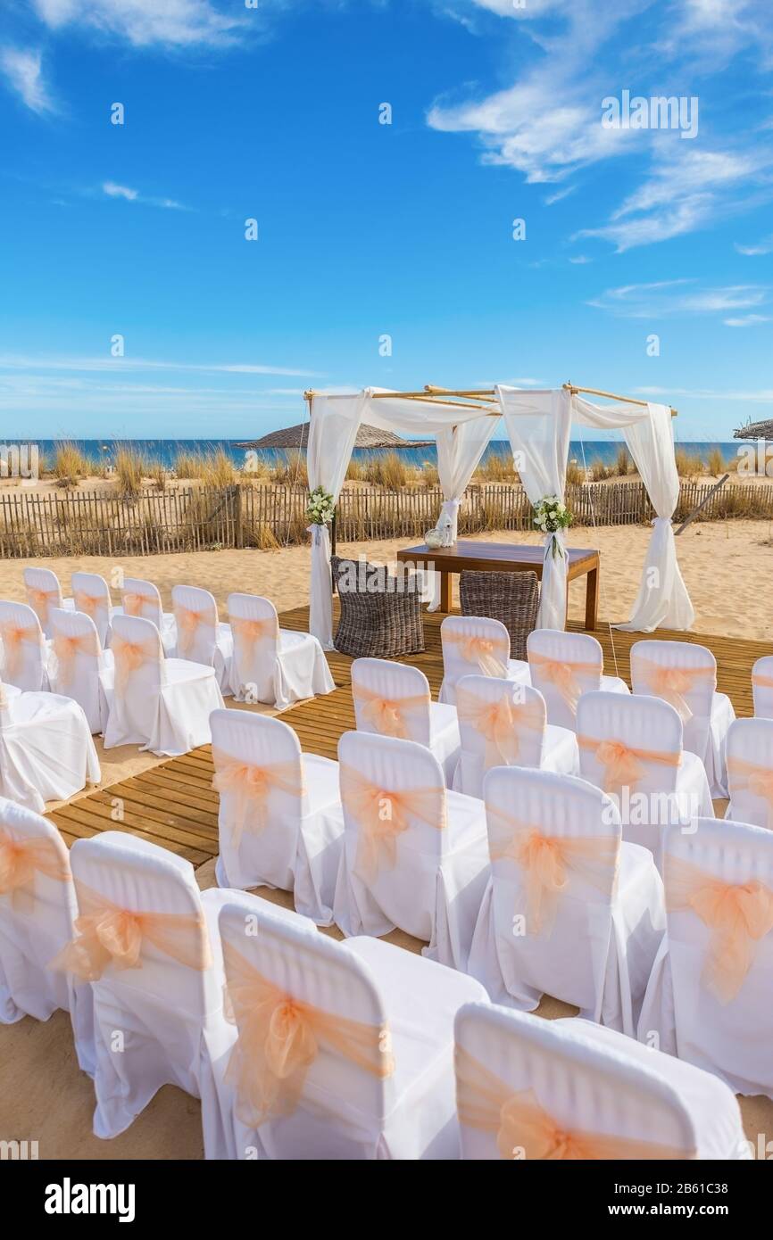 Original decorations for the wedding ceremony. On the beach Stock Photo